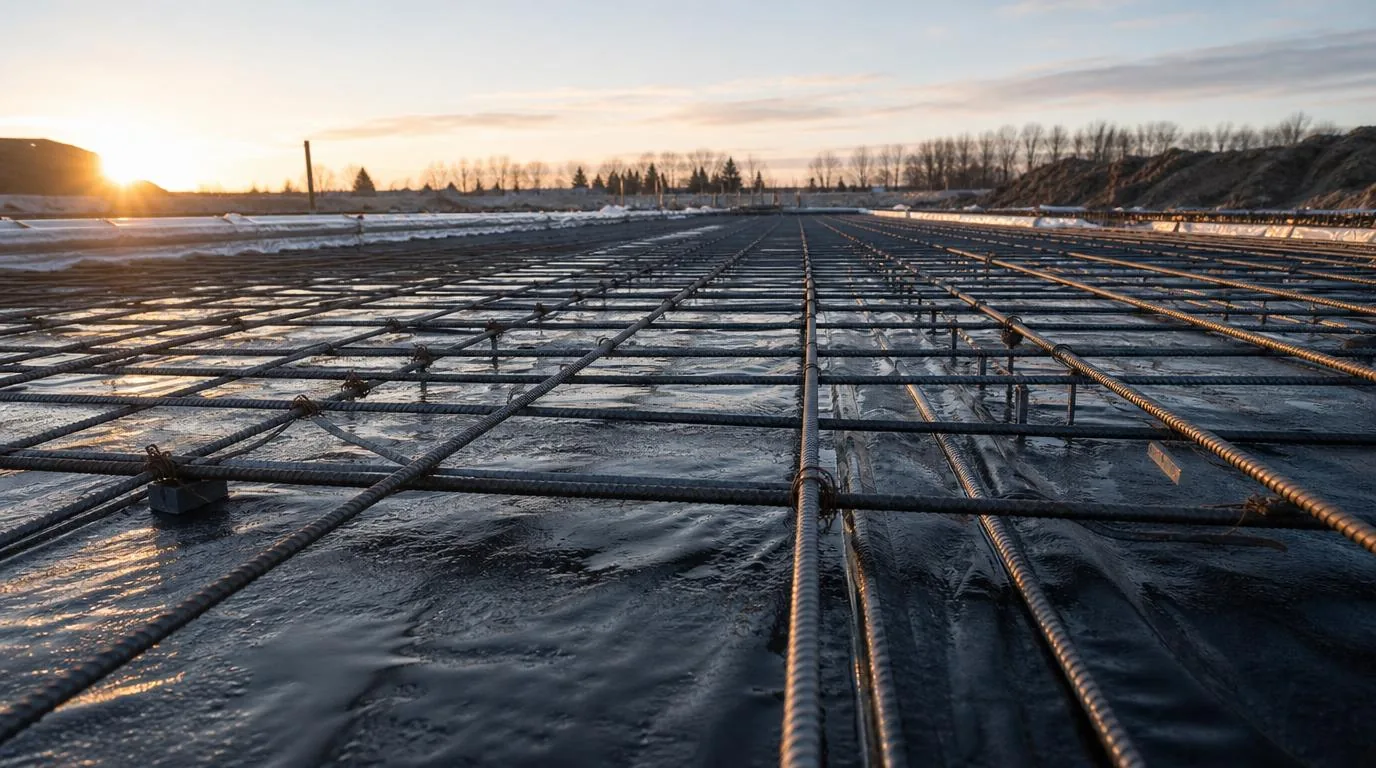 Reinforcing steel and vapor barrier laid out across a commercial slab at sunset