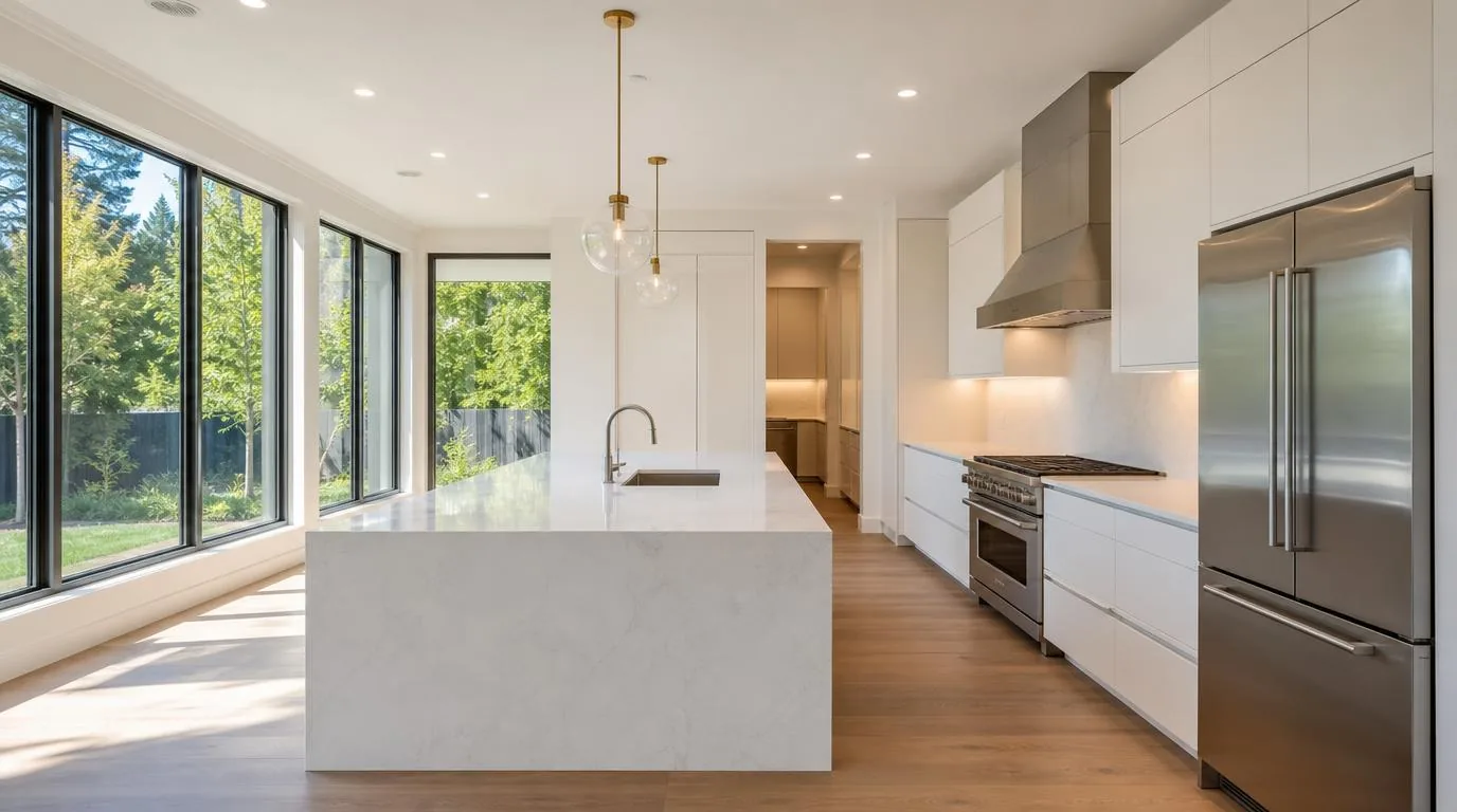 A finished kitchen with a quartz island, white cabinets and stainless appliances