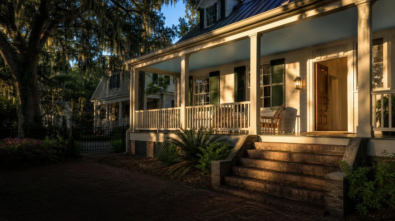A raised cottage in Savannah at the end of the day, the porch light on and the front door open