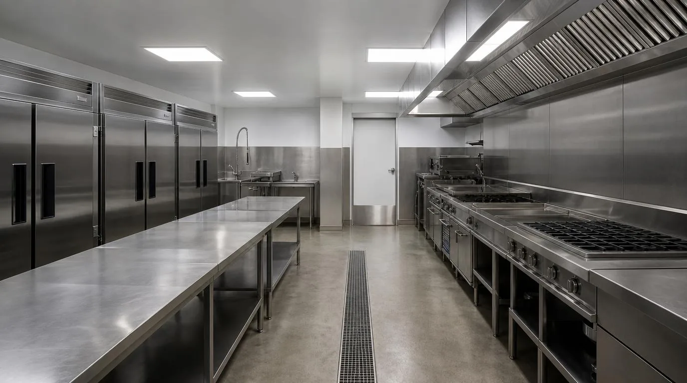 A commercial kitchen with stainless steel prep lines, refrigeration and an overhead exhaust hood