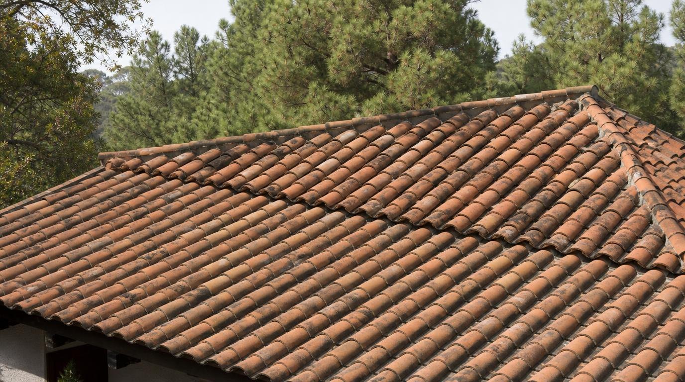 A barrel tile roof in terracotta red under pine trees