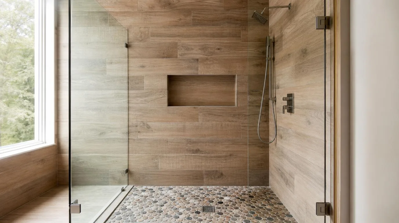 A walk-in shower finished in wood-look tile with a pebble floor and a built-in bench