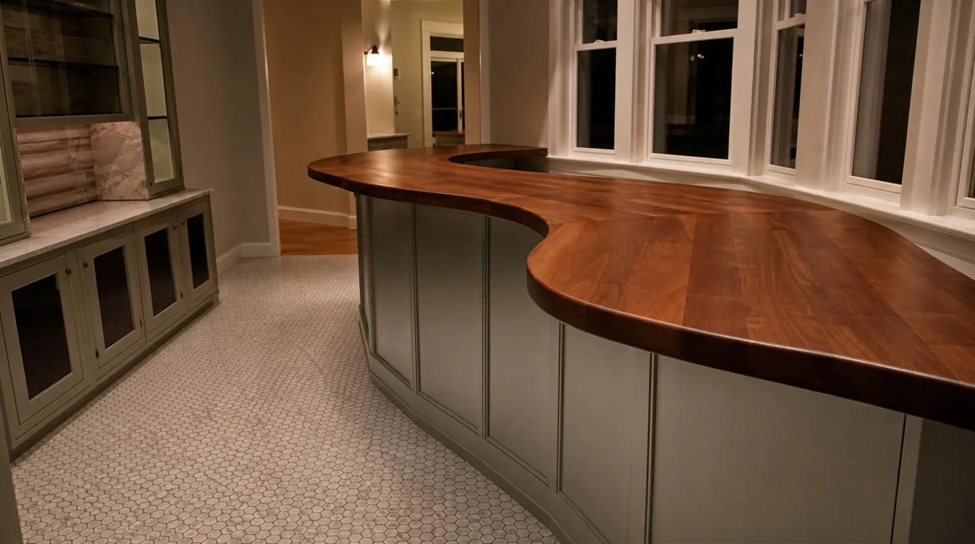 A butcher block bar top curving over a painted base above a mosaic tile floor