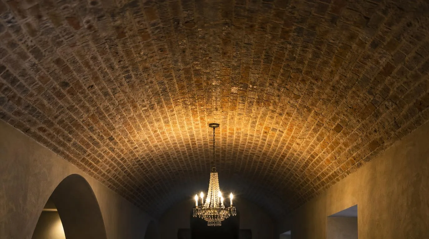 A brick barrel ceiling with a chandelier above a dining room