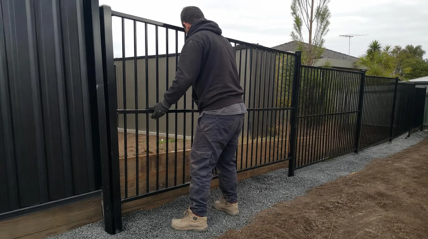 A worker setting a black fence panel on a fresh gravel bed