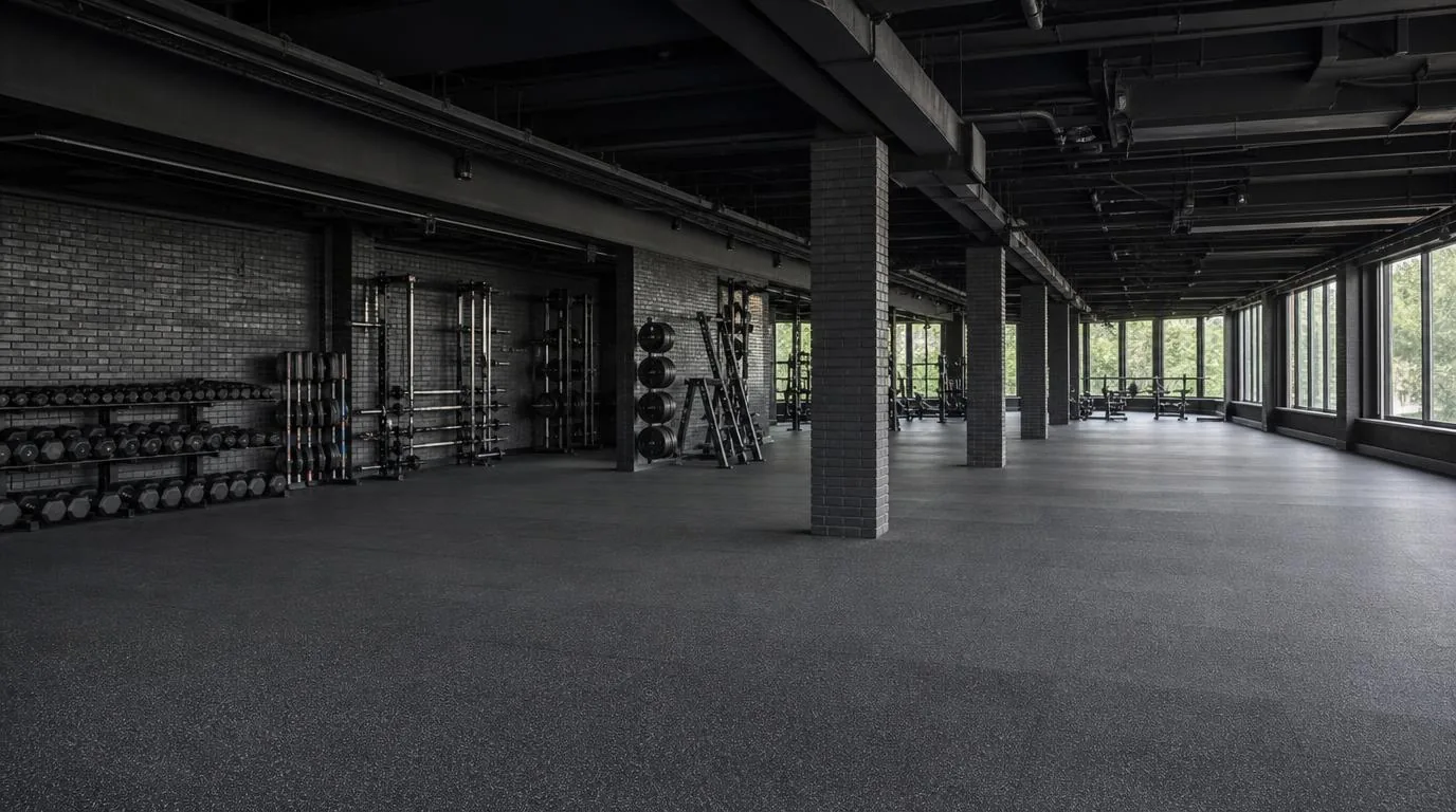 A fitness floor with equipment, exposed ceiling and brick columns
