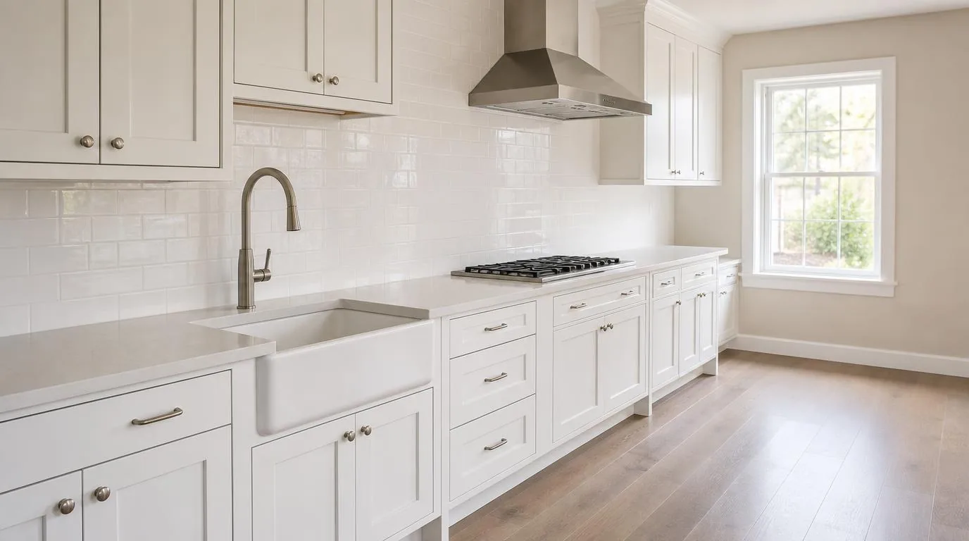 A white kitchen run with a farmhouse sink, quartz counters and a vented hood