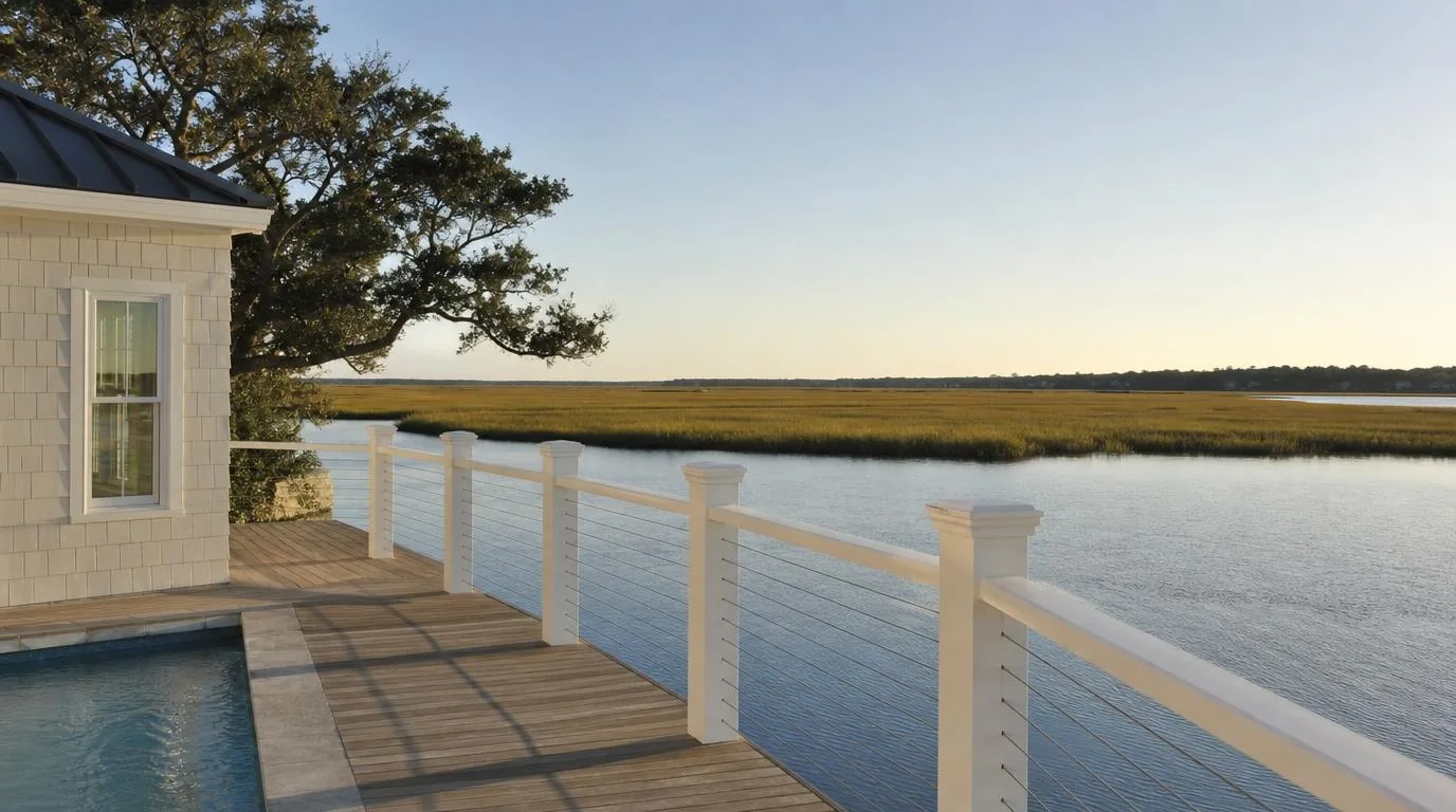 A white railing and deck running along the water beside a pool house