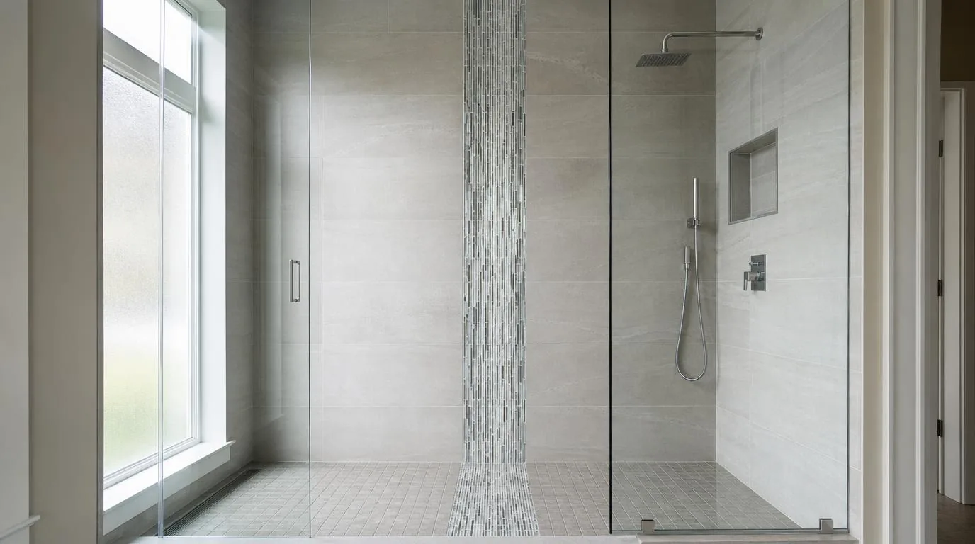 A tiled shower with a vertical glass mosaic inlay