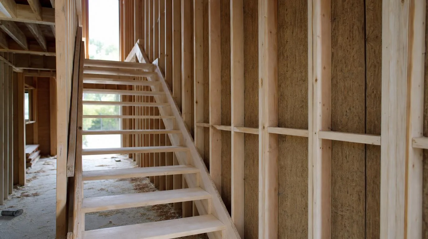 Stair stringers and treads framed against a two-story interior wall