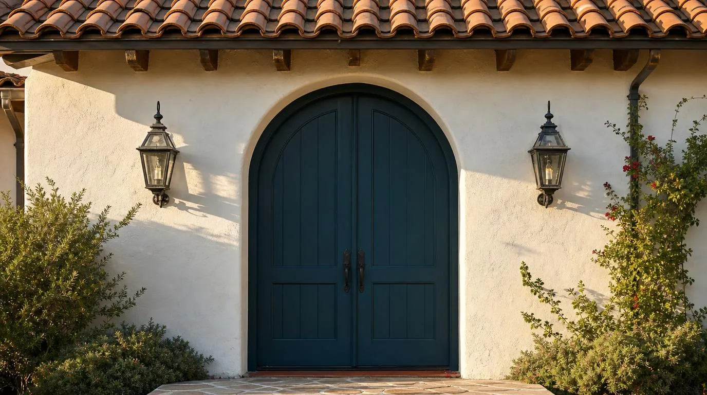 Arched teal entry doors with lanterns on a stucco building with a tile roof