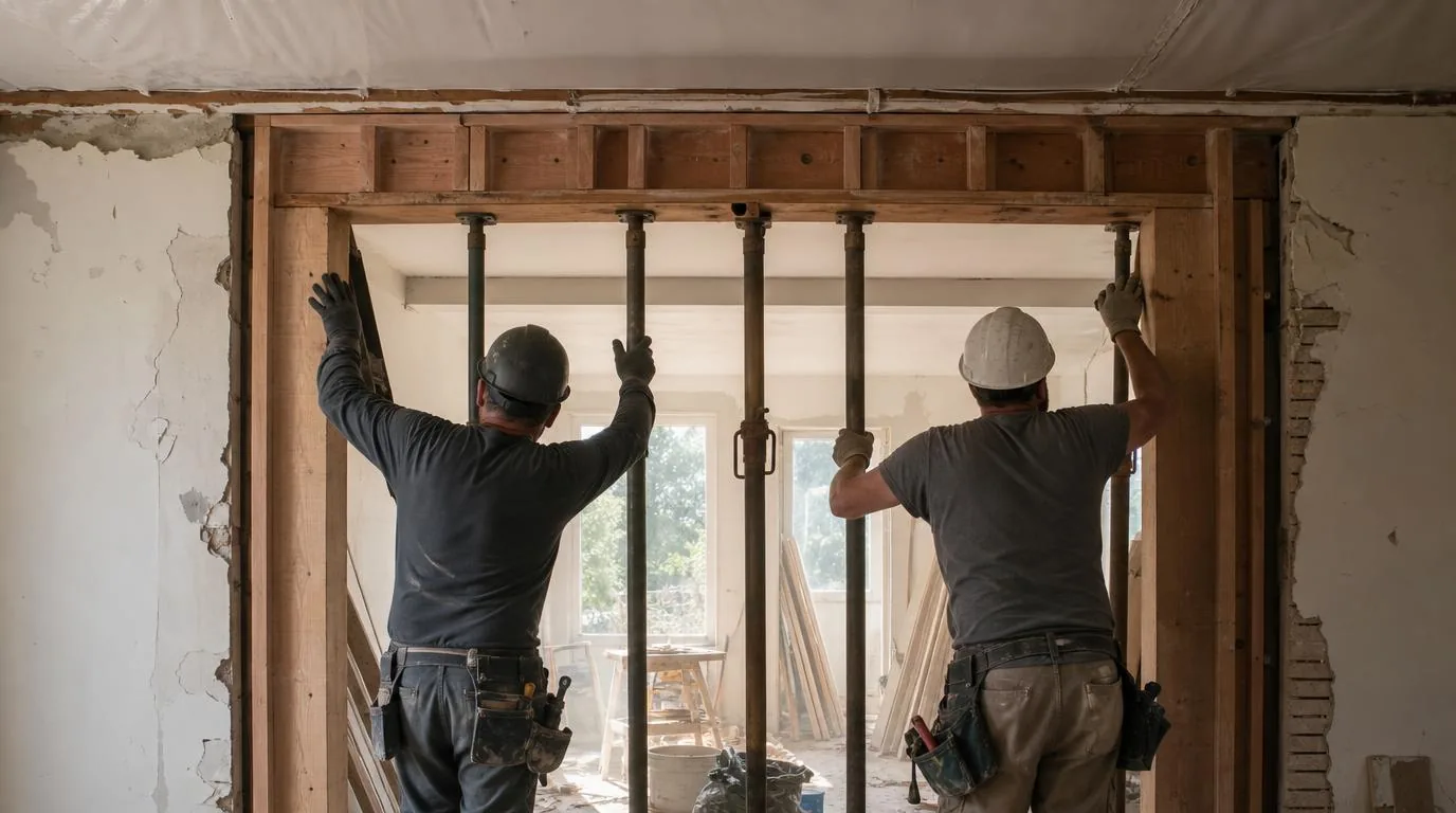 Two workers framing a new header with temporary posts holding the ceiling